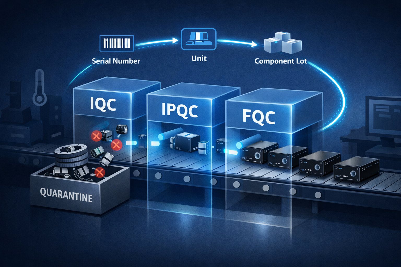 Stylized illustration of three quality gates labeled IQC, IPQC, FQC blocking component drift in amplifier production.