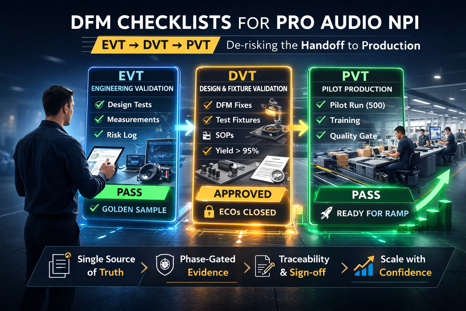 Infographic: color-coded EVT→DVT→PVT checklists for pro-audio NPI showing test fixtures and a factory pilot line.