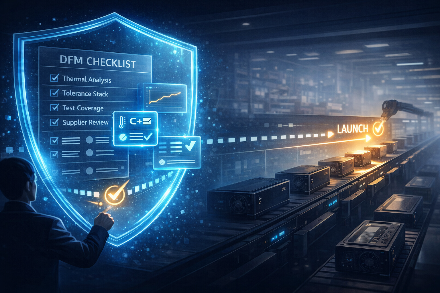 PM touching a floating DFM canvas with a glowing gate artifact; sourcing and engineering silhouettes review a timeline.