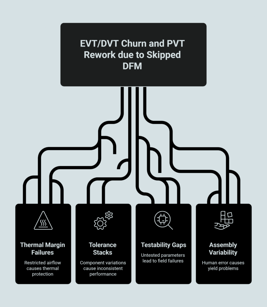 EVT/DVT churn and PVT rework due to skipped DFM infographic showing root causes such as thermal margin failures, tolerance stack issues, testability gaps, and assembly variability in OEM amplifier NPI programs.