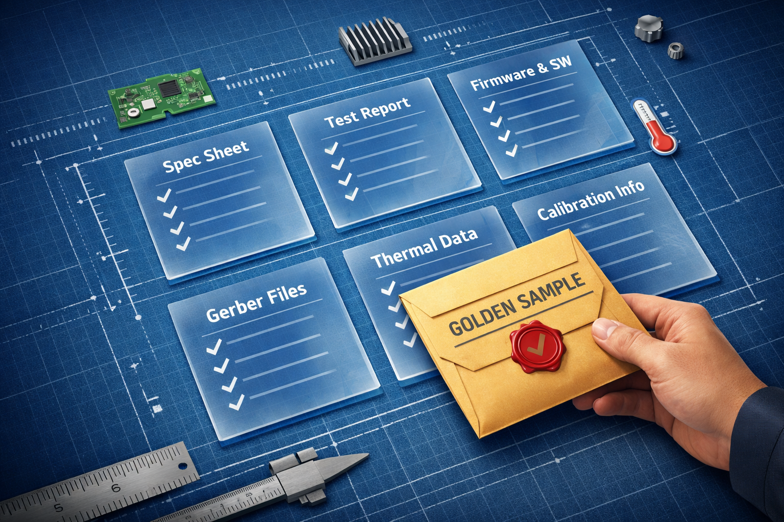Isometric review table with six translucent module cards; a stylized hand places a sealed golden-sample document; measurement ticks and PCB, heatsink, thermostat icons.