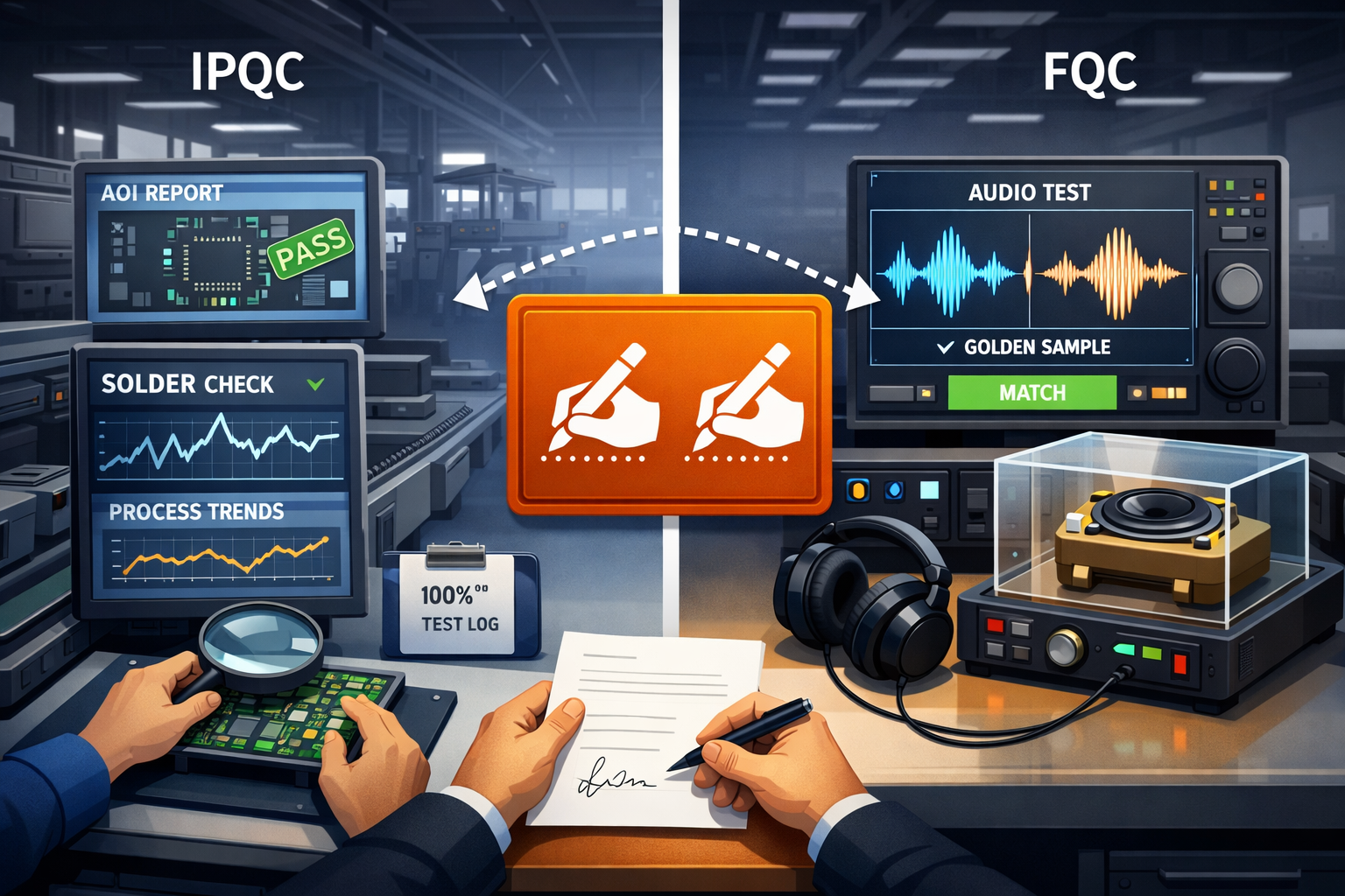 Split-panel factory illustration: left IPQC assembly line with AOI screen and trend graphs; right FQC test bench showing waveform matching a golden sample; central decision tile with a PM signing.