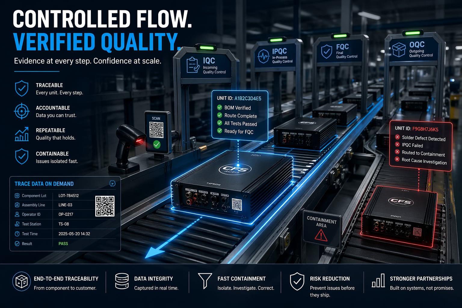 Stylized audio production line showing scanned units moving through traceability and quality-control gates, with one unit flagged for containment.
