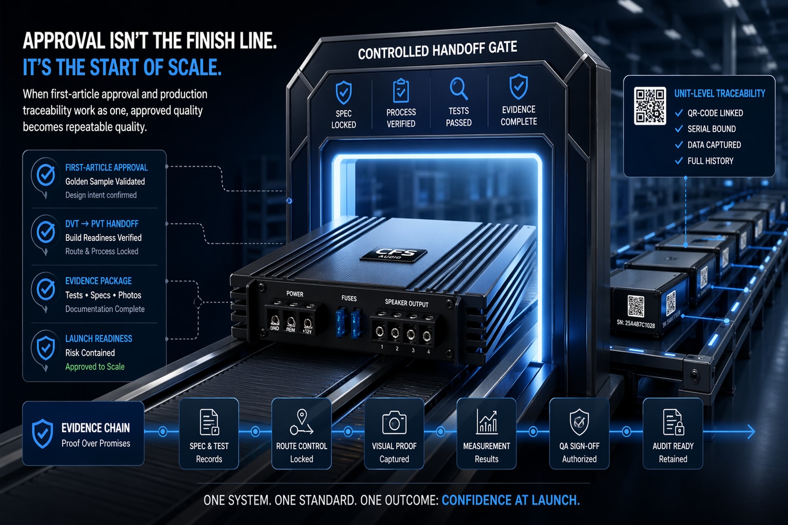 Stylized amplifier passing through a controlled handoff gate with approval checks, QR traceability, and evidence-linked production records.