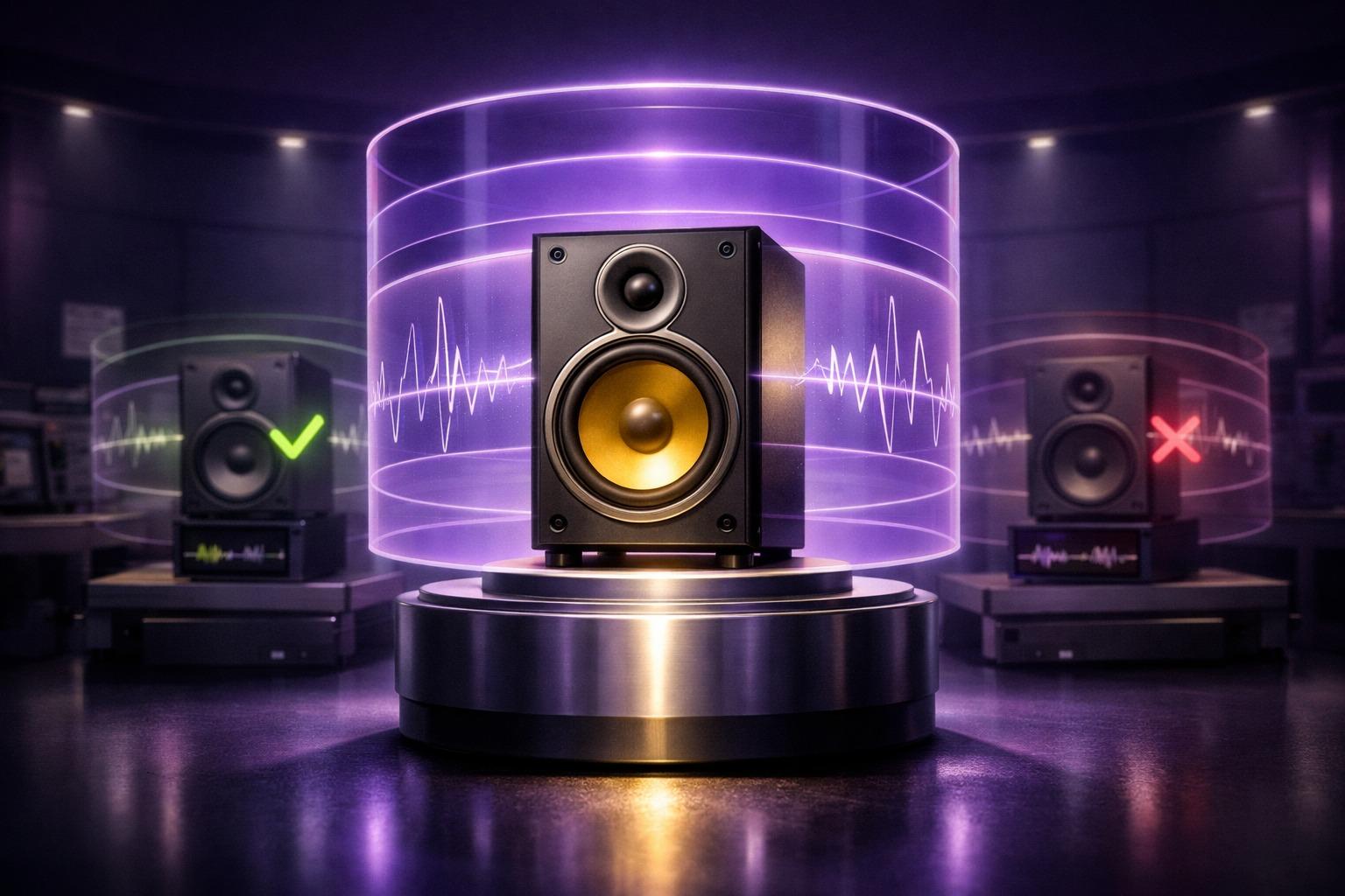 3D illustration of a golden sample speaker on a central platform with purple tolerance rings, flanked by matched and drifting production units to represent quality control, traceability, and acoustic consistency in mass production.