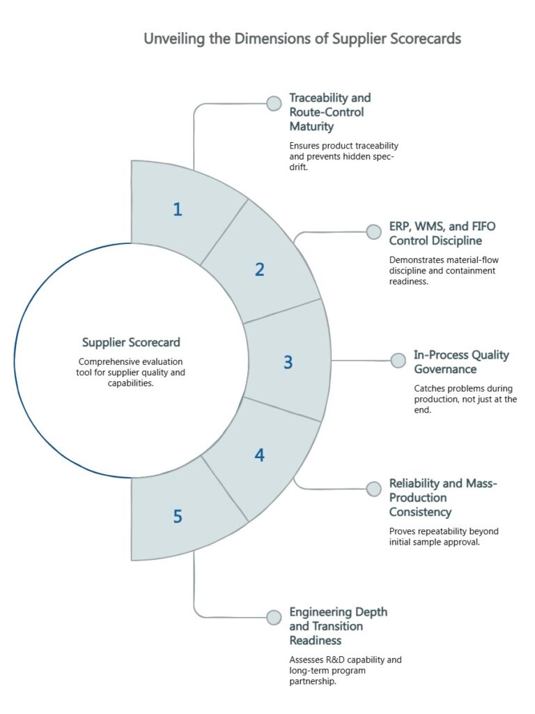 Circular infographic titled “Unveiling the Dimensions of Supplier Scorecards” with five evaluation areas: traceability, ERP and FIFO control, in-process quality, reliability, and engineering readiness.
