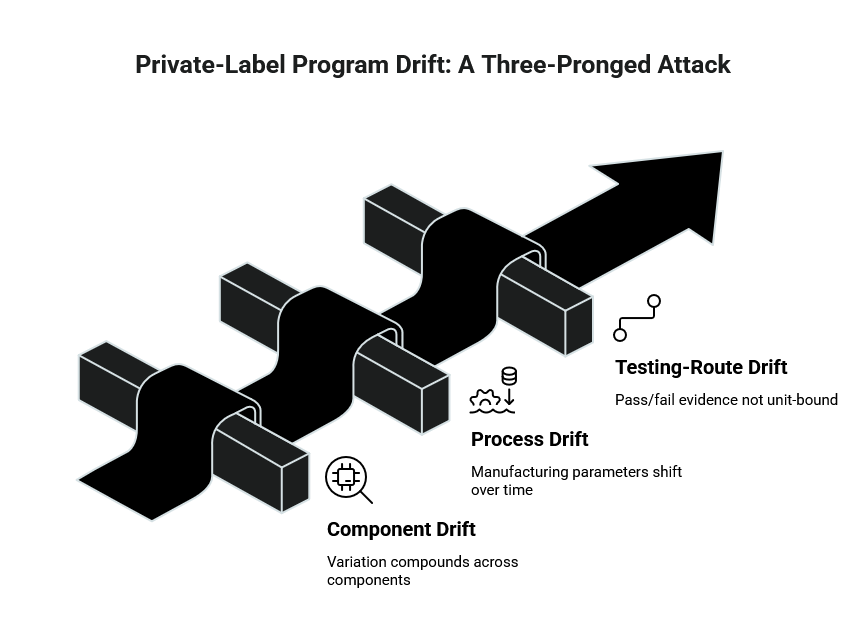 Diagram illustrating private-label program drift with three-pronged attack showing Component Drift, Process Drift, and Testing-Route Drift impacting production consistency.
