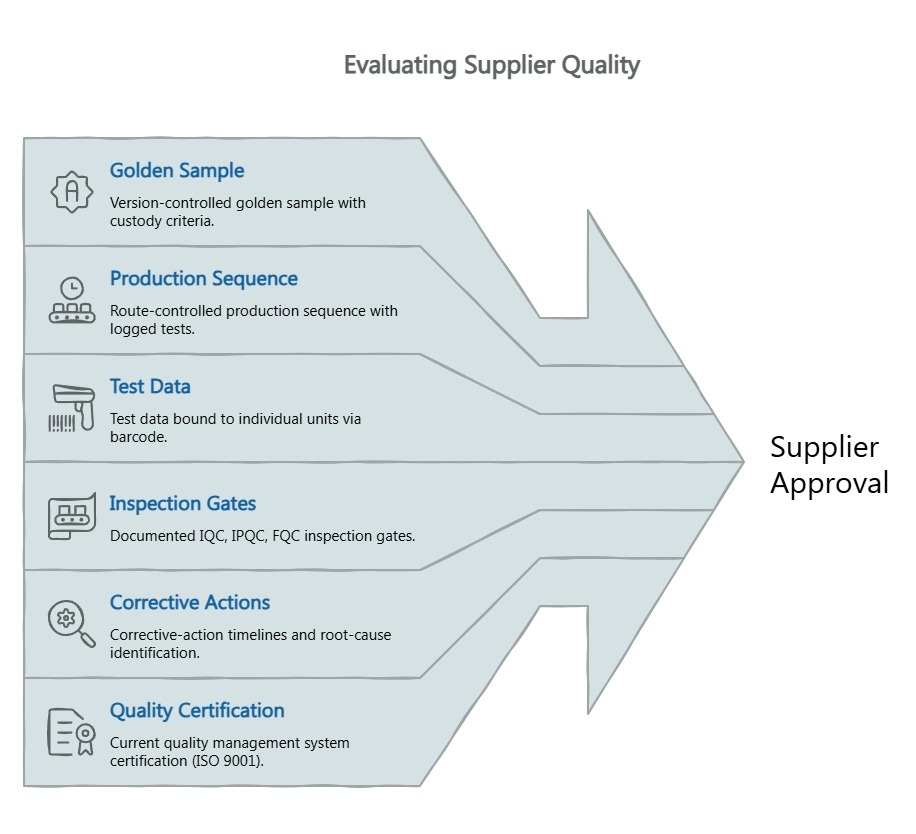 Arrow infographic for evaluating supplier quality, showing golden sample control, route-controlled production, barcode-linked test data, inspection gates, CAPA, and ISO 9001.