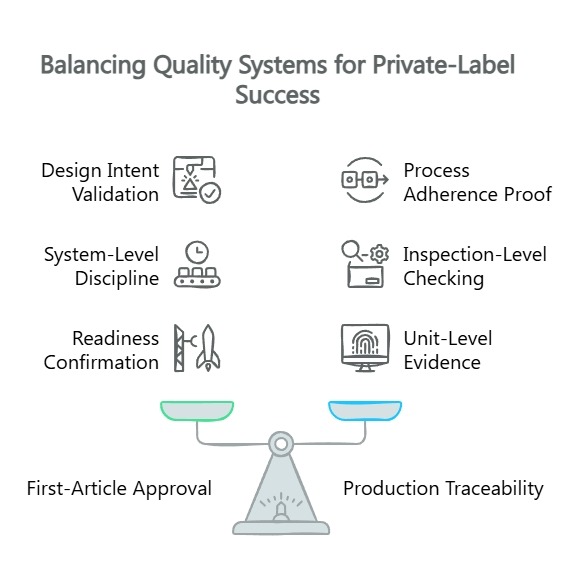 Infographic on balancing private-label quality systems, pairing first-article approval with production traceability, process proof, unit evidence, and readiness checks.