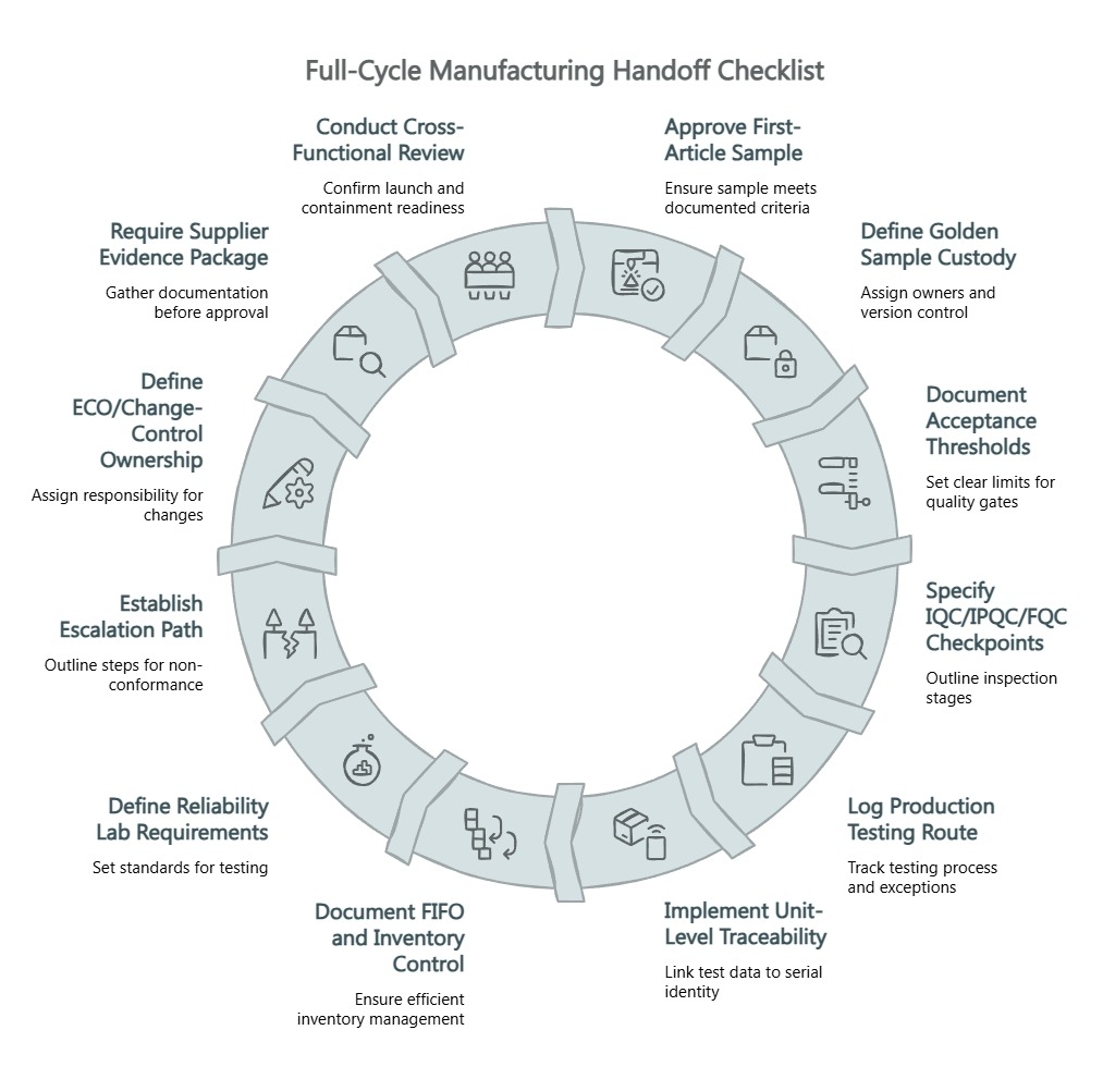 Circular checklist for manufacturing handoff covering review, first-article approval, golden sample custody, quality checkpoints, traceability, FIFO, reliability, and change control.