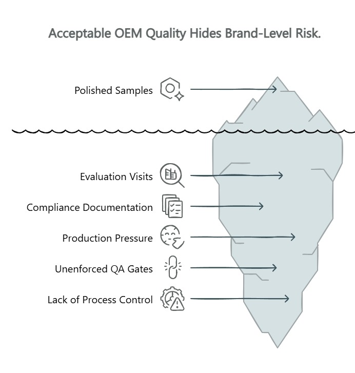 Diagram of an iceberg showing polished samples above water while hidden OEM risks below include evaluation visits, compliance documents, production pressure, and weak QA.