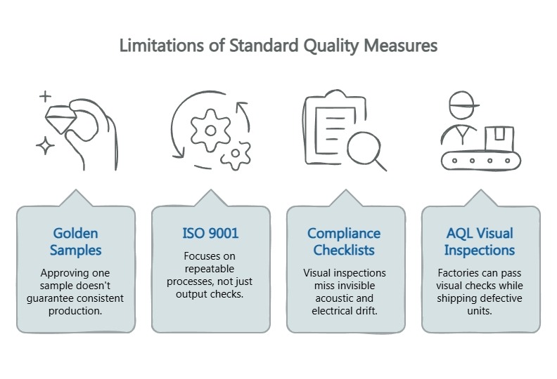 Infographic on the limits of standard quality measures, showing golden samples, ISO 9001, compliance checklists, and AQL inspections as incomplete safeguards.