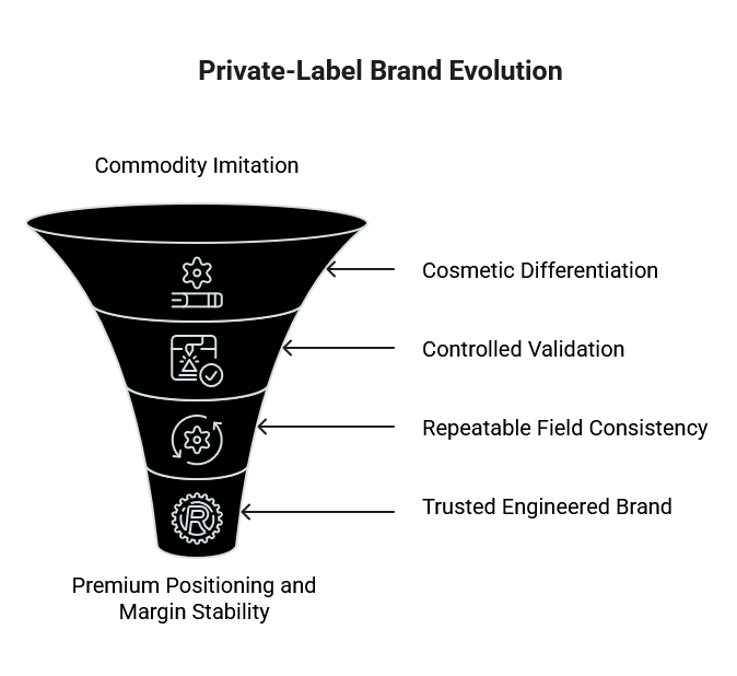 Funnel diagram showing Private-Label Brand Evolution with four stages marked by icons: settings/specs, quality verification, process refinement, and registered brand at the bottom.