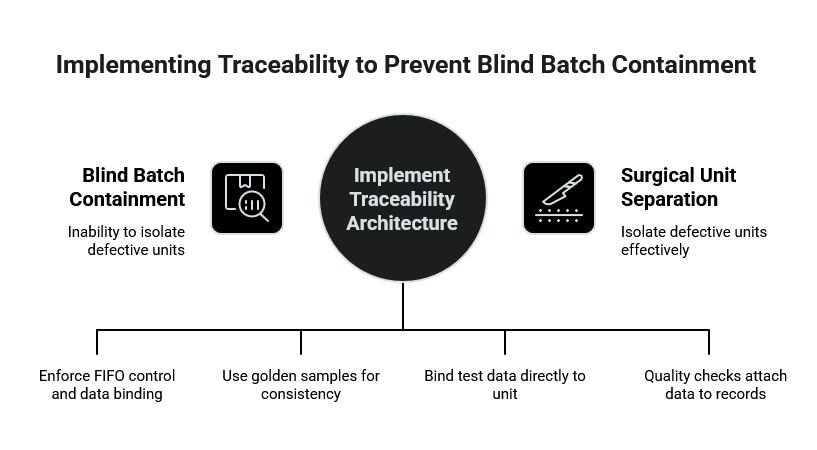 Diagram showing traceability implementation to prevent blind batch containment, with central circle for traceability architecture flanked by package tracking and testing icons.