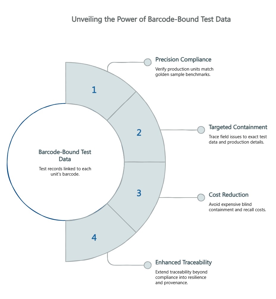 Circular infographic showing barcode-bound test data linked to each unit, enabling precision compliance, targeted containment, cost reduction, and enhanced traceability.