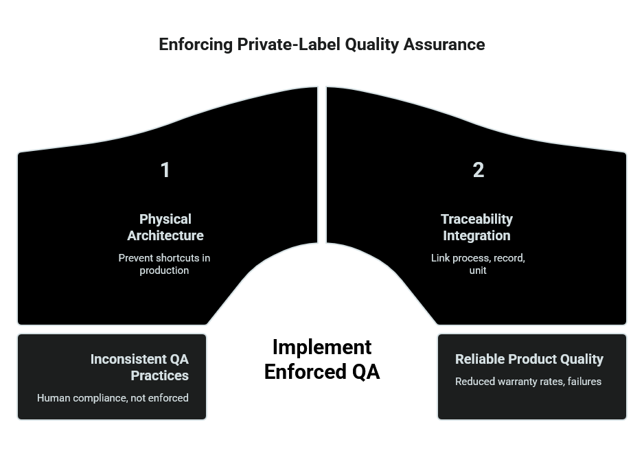 Diagram showing private-label QA enforcement: two pillars—Physical Architecture and Traceability Integration—bridging from Inconsistent QA Practices to Reliable Product Quality.