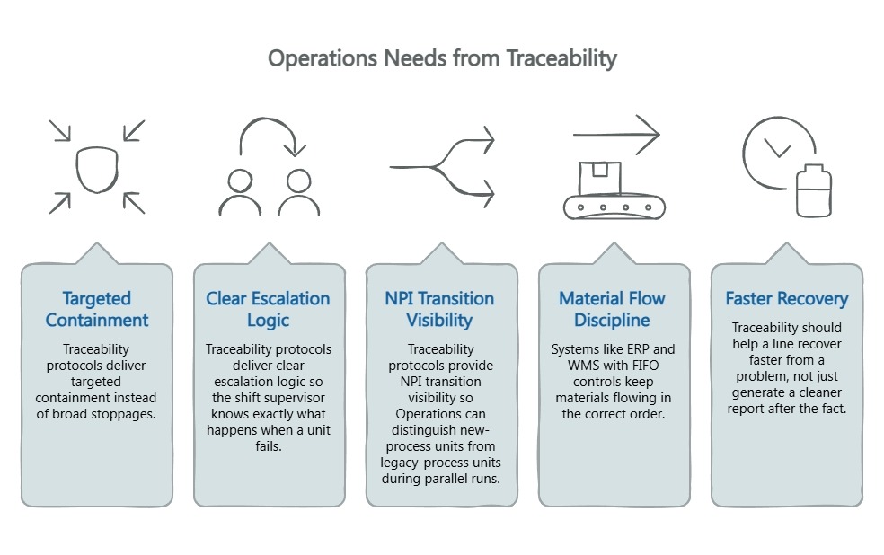 Infographic outlining operations needs from traceability: targeted containment, escalation logic, NPI transition visibility, material flow discipline, and faster recovery.