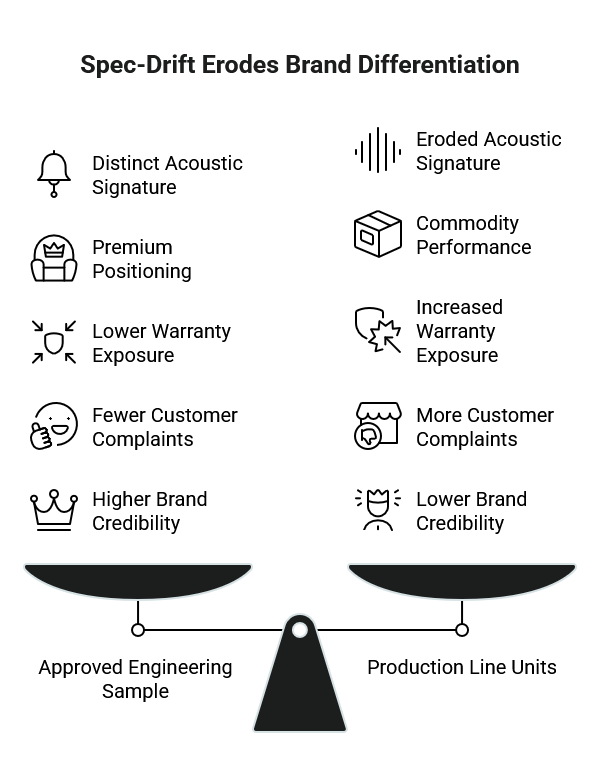 Balance scale diagram titled Spec-Drift Erodes Brand Differentiation, illustrating how specification drift creates imbalance that undermines private-label uniqueness.