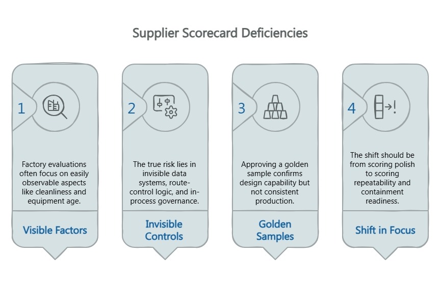 Infographic titled “Supplier Scorecard Deficiencies” showing four numbered panels on visible factors, invisible controls, golden samples, and a needed shift in QA focus.
