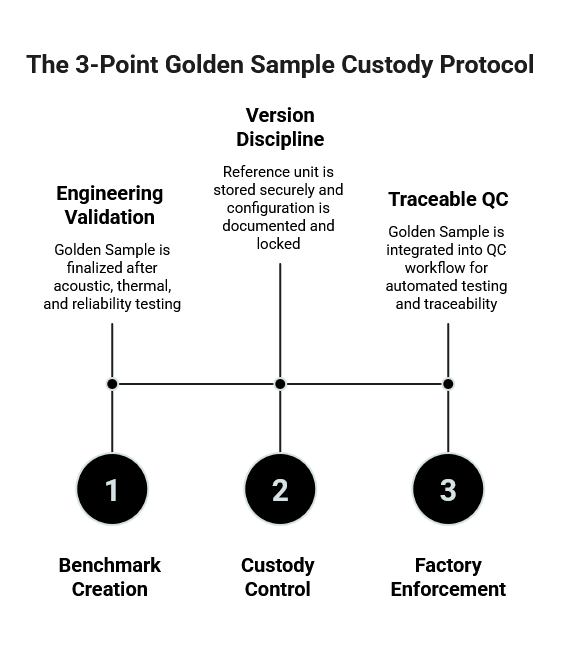 Diagram of 3-point Golden Sample Custody Protocol showing Engineering Validation, Version Control, and Traceable QC for benchmark, custody, and factory enforcement.