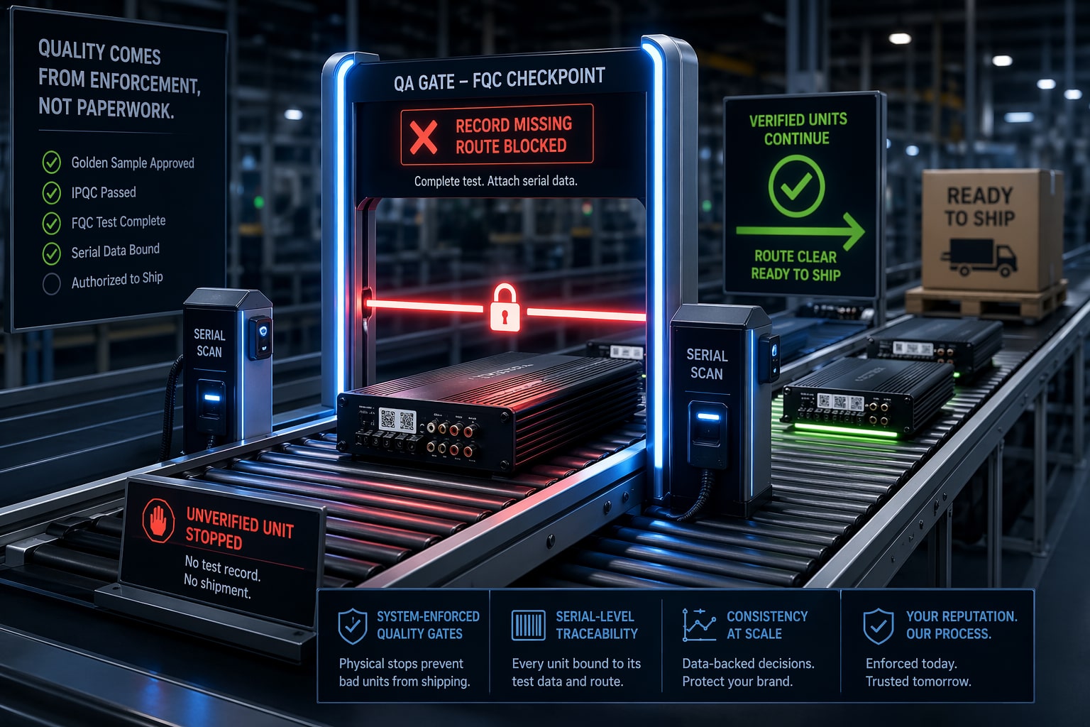 Stylized factory QA gate blocking an unverified amplifier while verified units continue toward shipment.