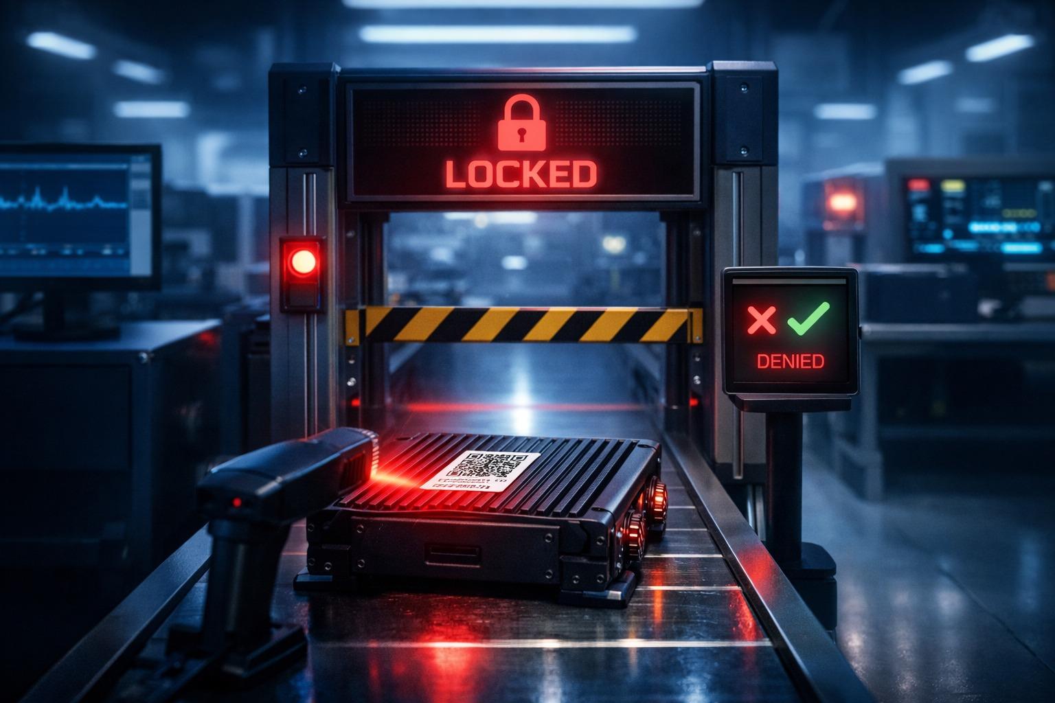 Locked quality gate stopping a serialized car amplifier at a barcode inspection checkpoint on a factory production line.