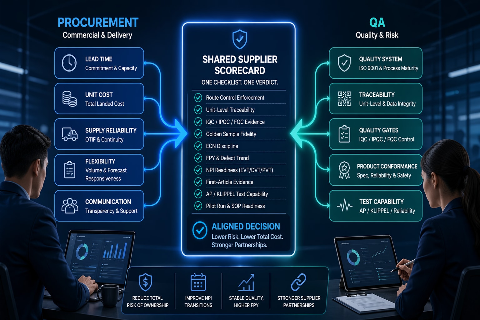 Stylized illustration of Procurement and QA aligning supplier evidence into one shared scorecard for OEM audio vendor selection.