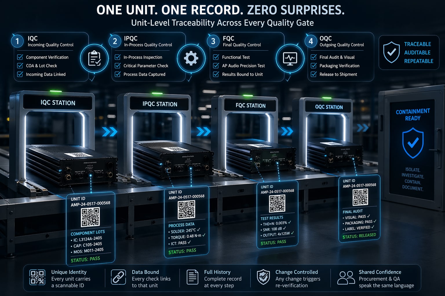 Illustration of an audio unit moving through traceable QA gates with QR-linked test records and containment-ready approval.