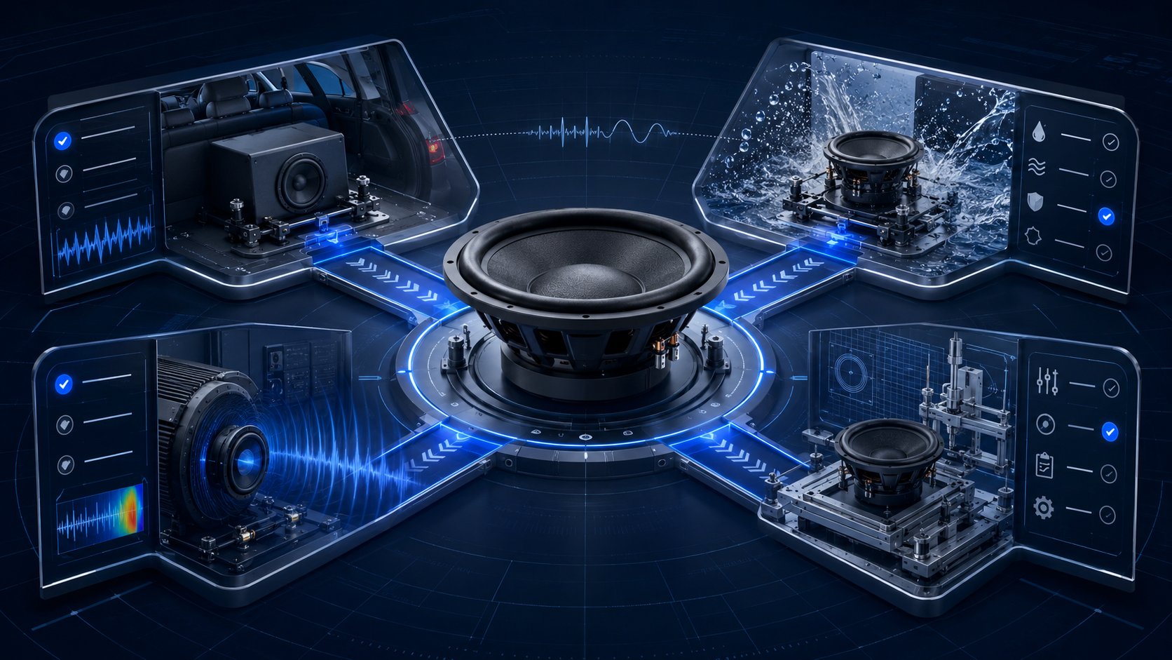 Central subwoofer on a glowing test hub linked to automotive, marine, acoustic, and production validation modules.