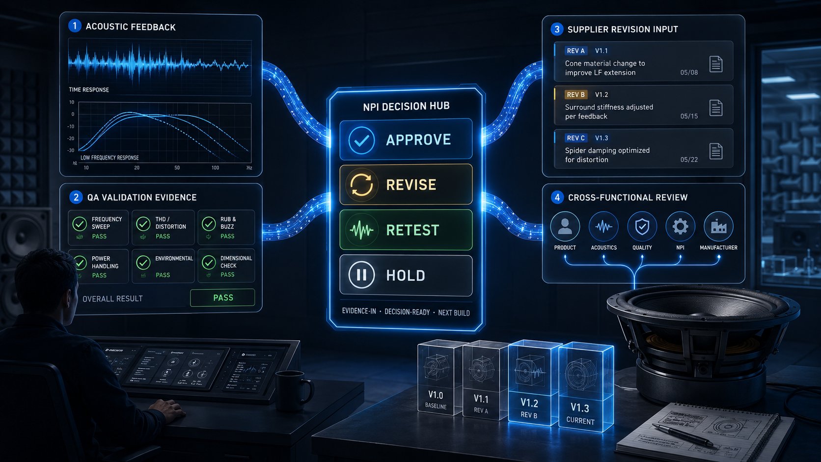 Control-room dashboard showing acoustic, QA, and supplier inputs feeding NPI sample review decisions.