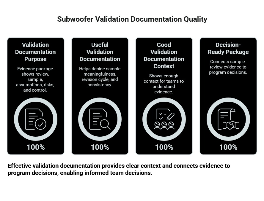 Subwoofer validation documentation quality infographic showing how useful evidence, clear context, and decision-ready packages support informed program decisions.