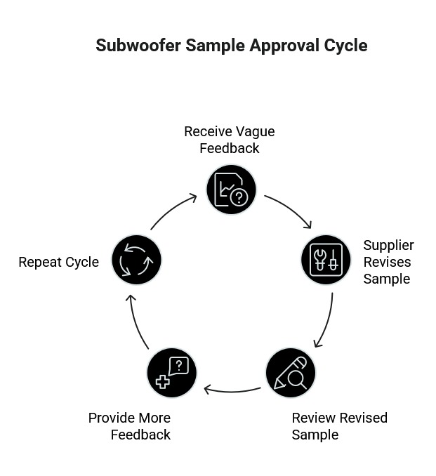 Subwoofer sample approval cycle diagram showing vague feedback, supplier revisions, revised sample review, added feedback, and repeated approval loops.