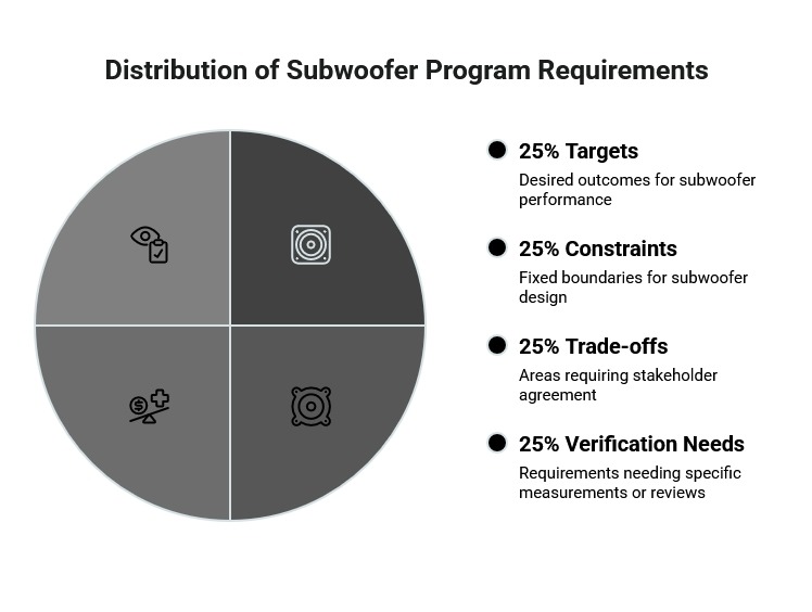 Pie chart showing subwoofer program requirements divided into targets, constraints, trade-offs, and verification needs, each representing 25%.