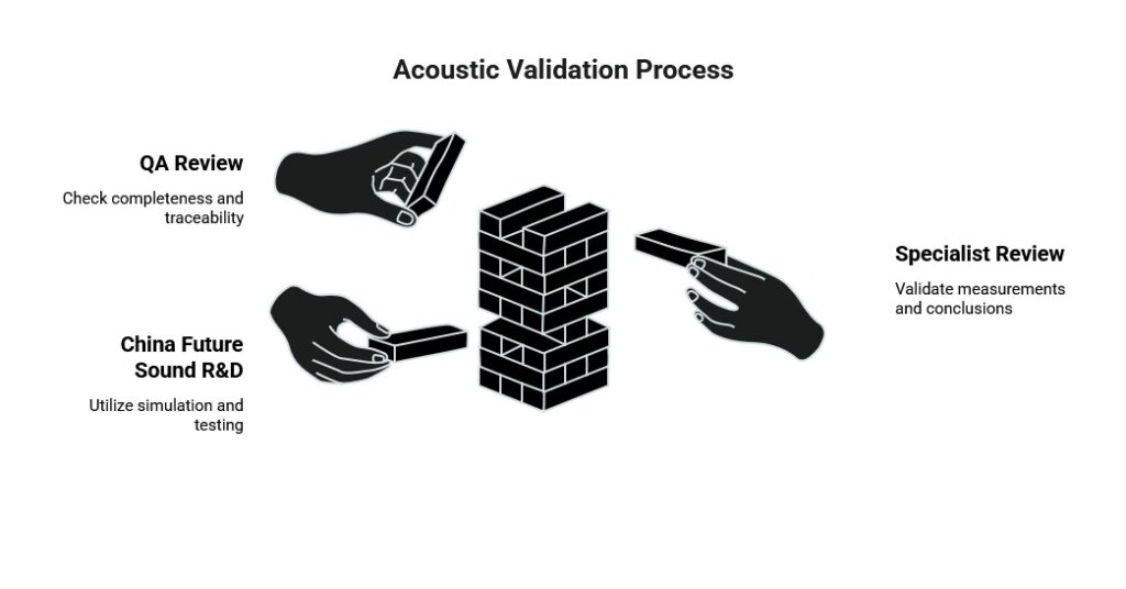 Acoustic validation process graphic showing QA review, China Future Sound R&D testing, and specialist review building shared measurement evidence.