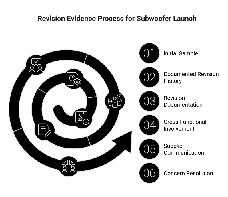 Subwoofer launch revision evidence process showing initial sample review, revision history, documentation, team involvement, supplier communication, and concern resolution.