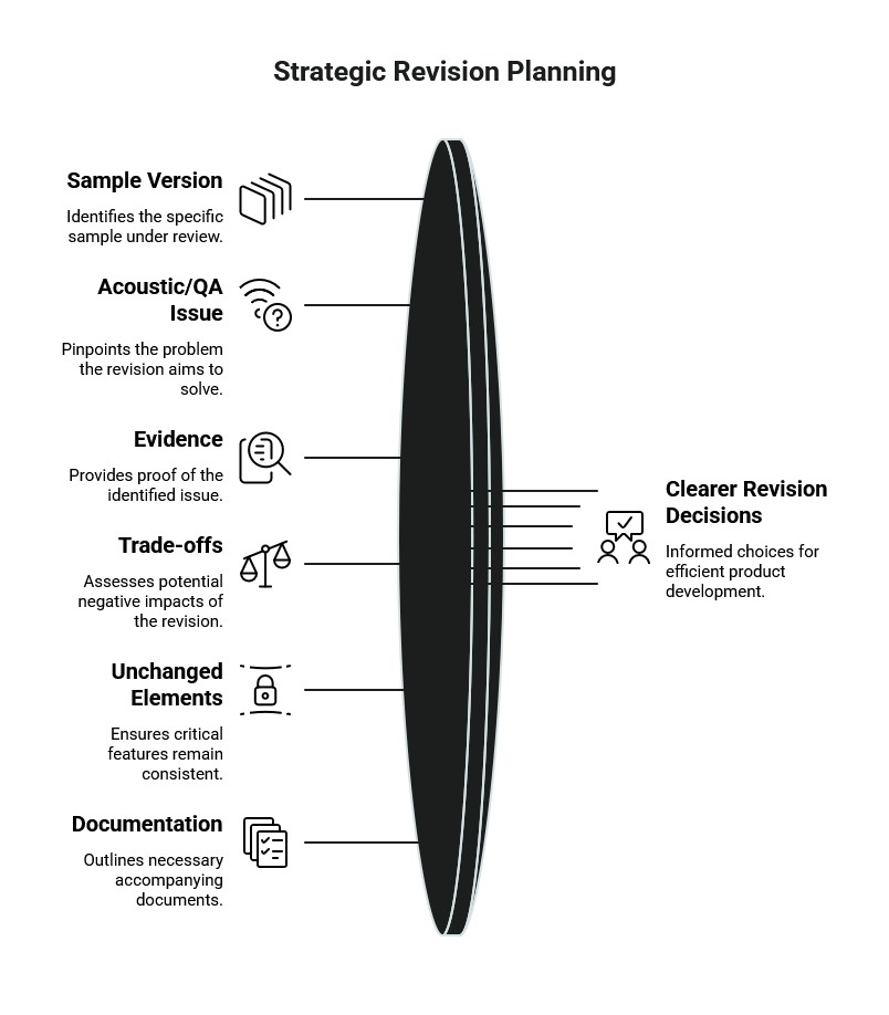 Strategic revision planning infographic showing sample version, QA issue, evidence, trade-offs, unchanged elements, and documentation leading to clearer revision decisions.