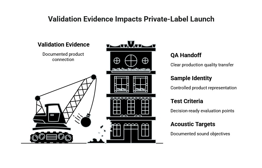 Private-label launch validation graphic showing evidence, QA handoff, sample identity, test criteria, and acoustic targets as pillars of production quality.