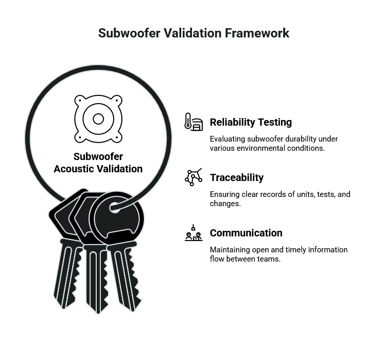 Subwoofer validation framework graphic showing acoustic validation as a key ring, with reliability testing, traceability, and communication as core controls.