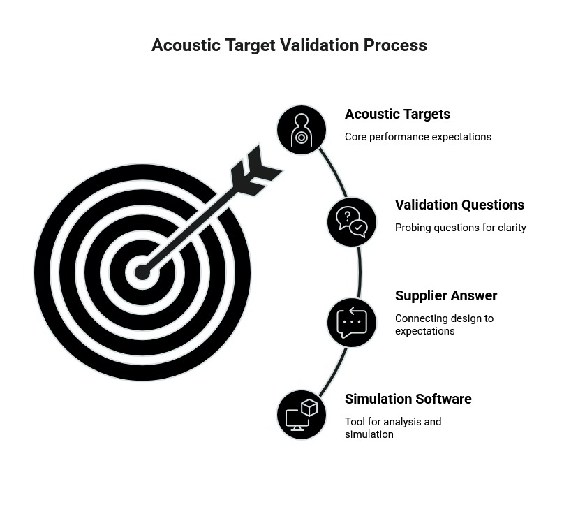 Acoustic target validation process infographic showing a bullseye target with steps for acoustic targets, validation questions, supplier answers, and simulation software.