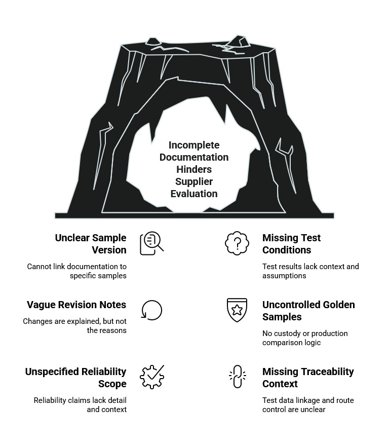 Incomplete documentation infographic showing supplier evaluation risks from unclear sample versions, vague revision notes, missing test conditions, reliability scope, golden sample control, and traceability context.