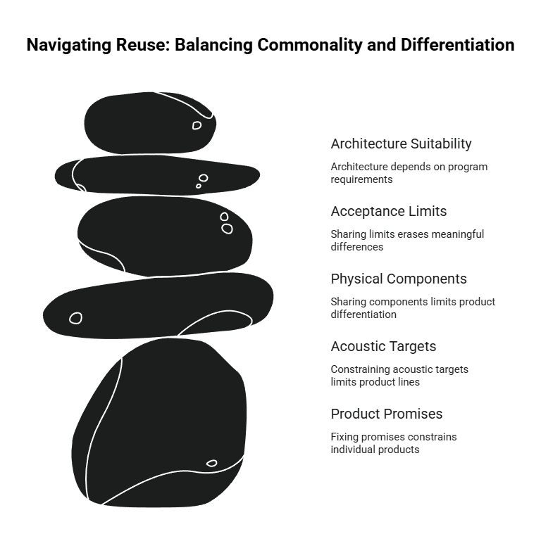 Reuse governance diagram showing stacked stones with factors for balancing commonality and differentiation across architecture, limits, components, targets, and promises.