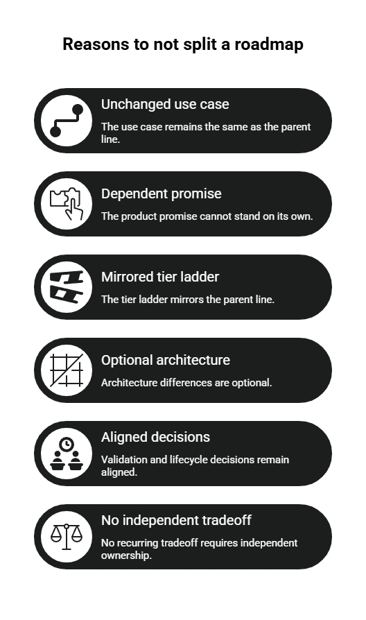 Roadmap decision checklist showing reasons not to split a platform, including unchanged use case, dependent promise, mirrored tiers, and aligned validation decisions.