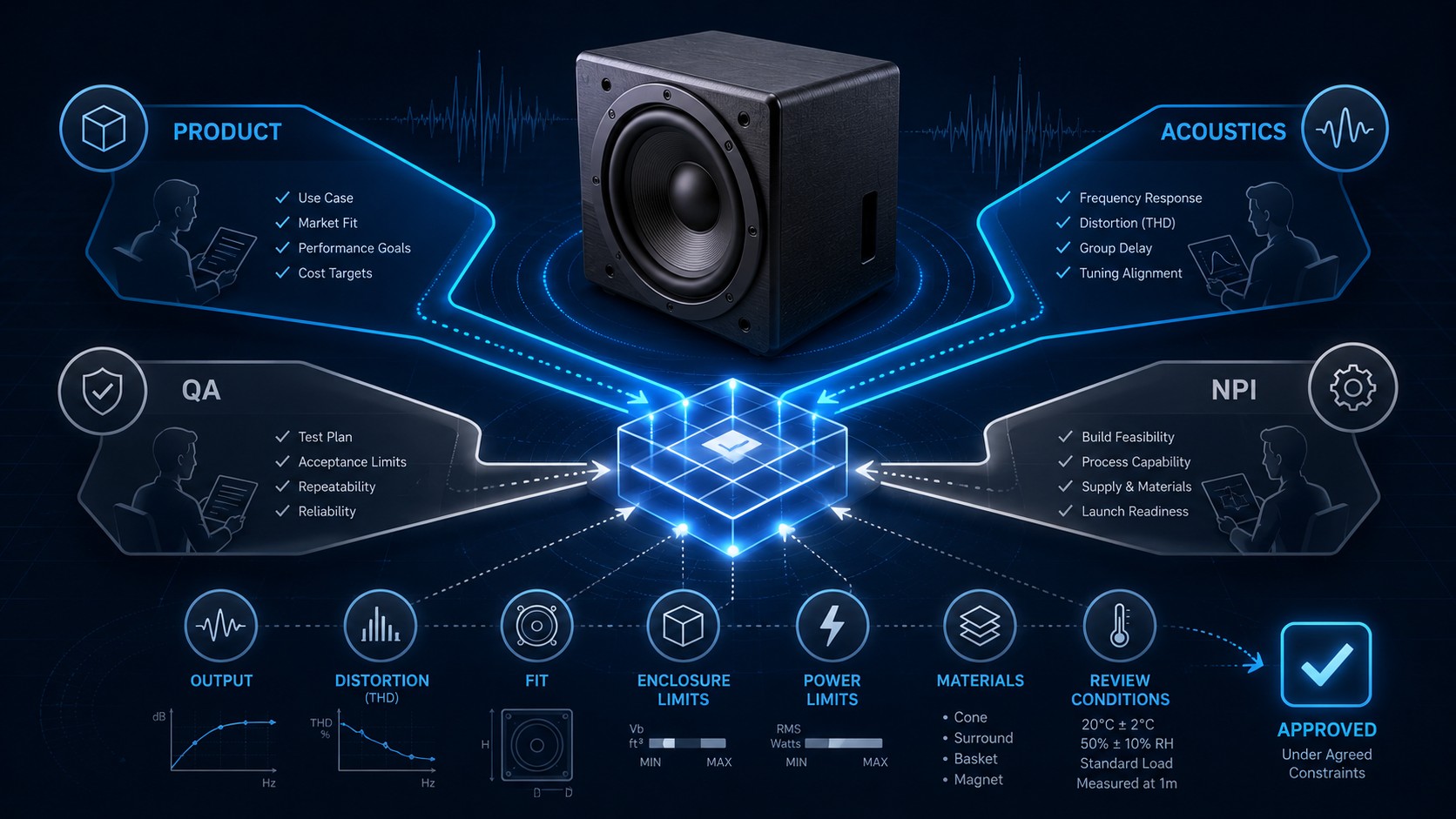 Subwoofer approval matrix showing Product, Acoustics, QA, and NPI review paths converging on validation criteria.