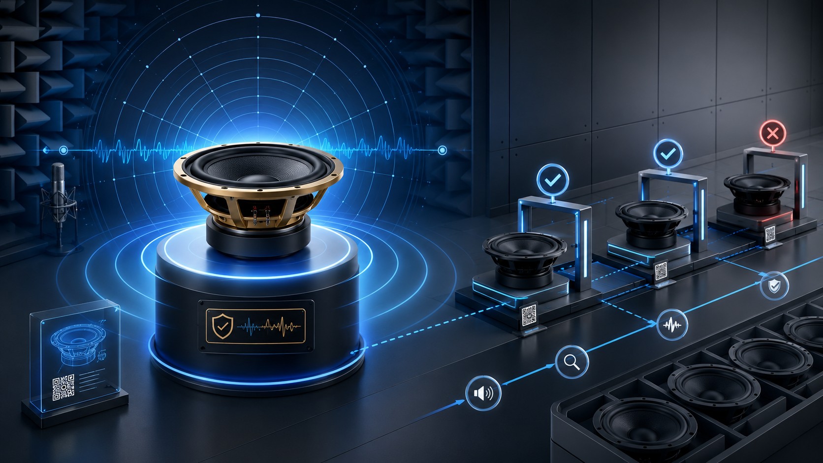 Golden subwoofer sample in acoustic lab guiding QA checks for production units.