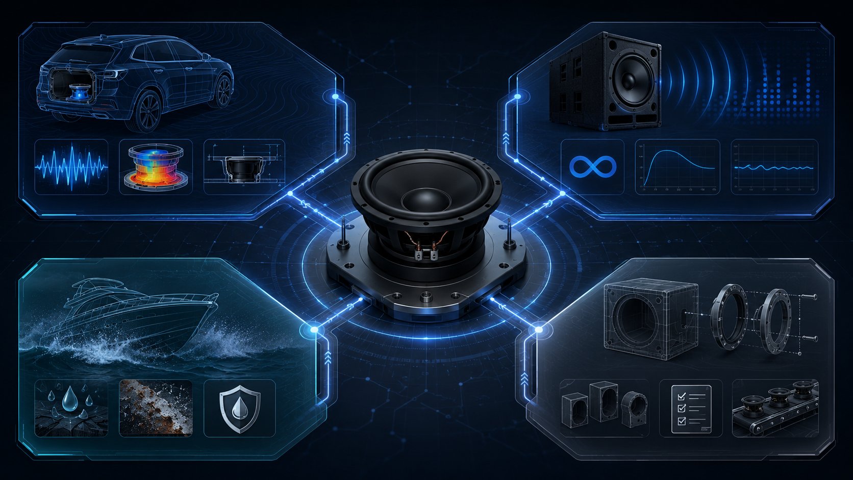Subwoofer validation map branching into automotive, pro audio, marine, and OEM use-case risk paths.