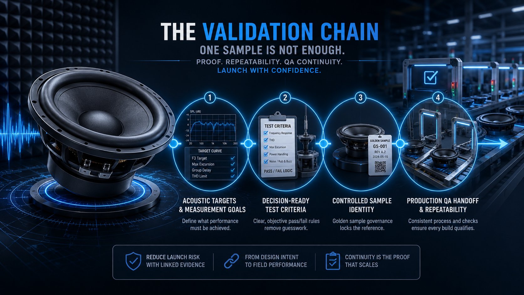 Blue tech infographic showing a subwoofer and a four-step validation chain from acoustic targets to production QA.