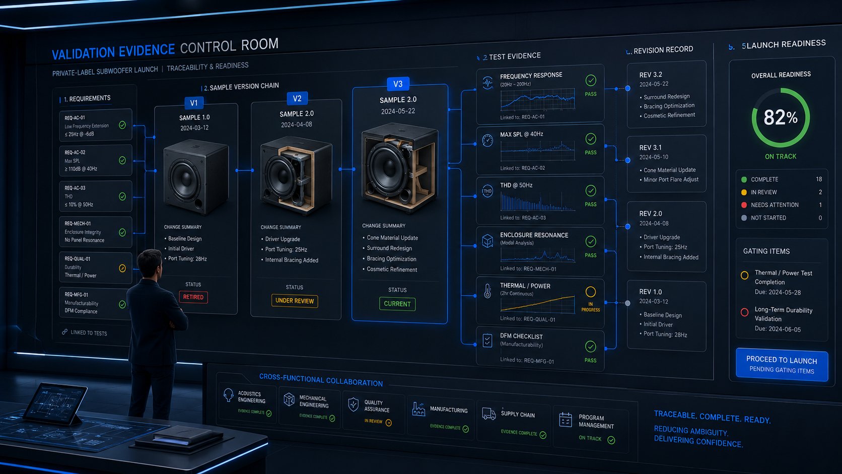 QA director reviewing subwoofer validation evidence, sample versions, test records, and launch readiness status.