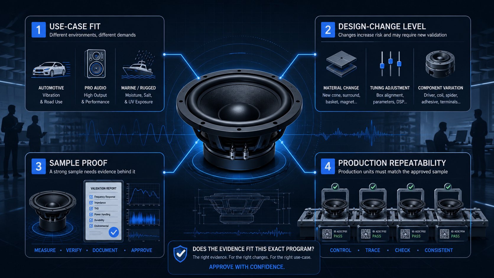 Subwoofer validation matrix showing use-case fit, sample proof, design changes, and production repeatability.