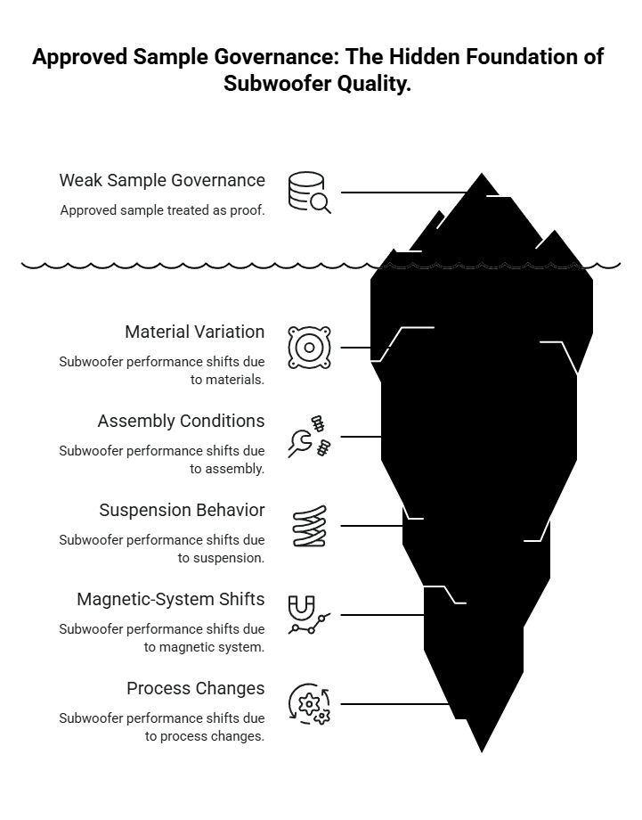 Iceberg diagram showing approved sample governance risks beneath subwoofer quality, including material variation, assembly conditions, suspension shifts, and process changes.