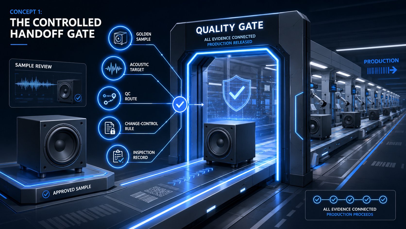 Subwoofer passes through a glowing quality gate linking golden sample, acoustic target, QC route, and inspection records.
